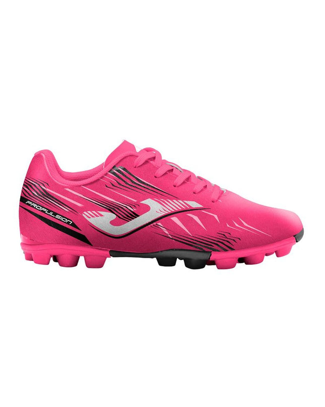 Fuchsia Joma Sport Propulsion adult football cleats for outdoor soccer, with lightweight design and studded sole for traction.