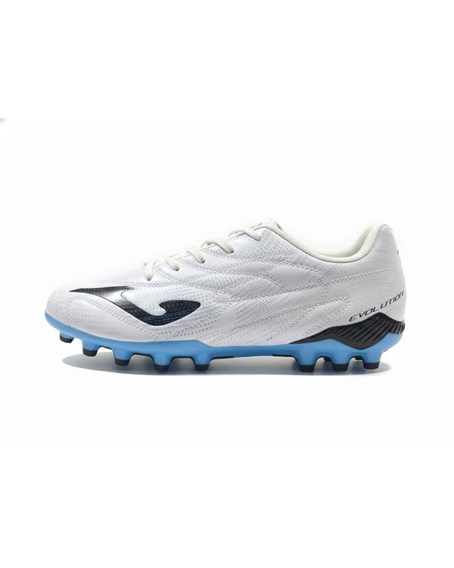 White Joma Sport Evolution adult soccer shoes for outdoor football, featuring a sleek design and sport-specific grip.