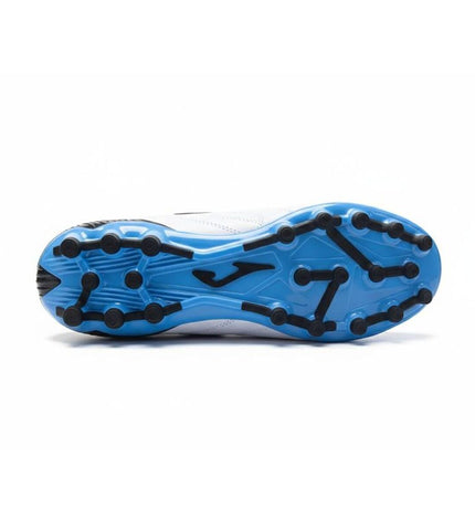 White Joma Sport Evolution soccer cleats for adults, designed for outdoor football, with a sleek athletic look.