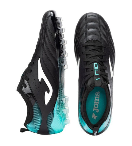 Black adult Joma Sport football boots for outdoor soccer, showing the sleek design and branding details.