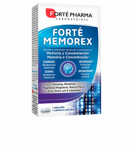 Forté Memorex supplement for brain health by Forté Pharma, 28 capsules in a white bottle with label.