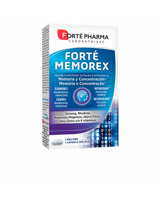 Forté Memorex supplement for brain health by Forté Pharma, 28 capsules in a white bottle with label.