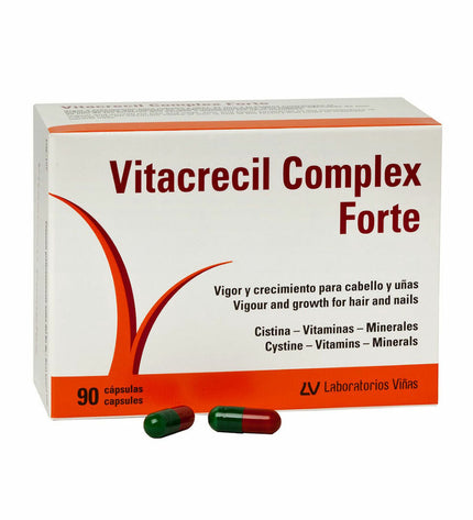 Vitacrecil Complex Forte hair and nails supplement bottle with 90 capsules, health and personal care product for hair and nail support.