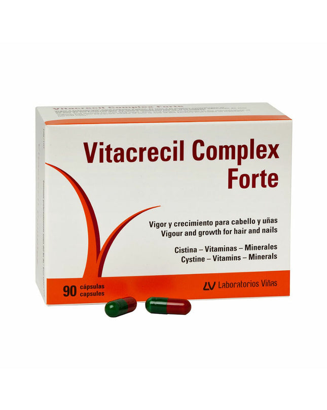 Vitacrecil Complex Forte hair and nails supplement bottle with 90 capsules, health and personal care product for hair and nail support.