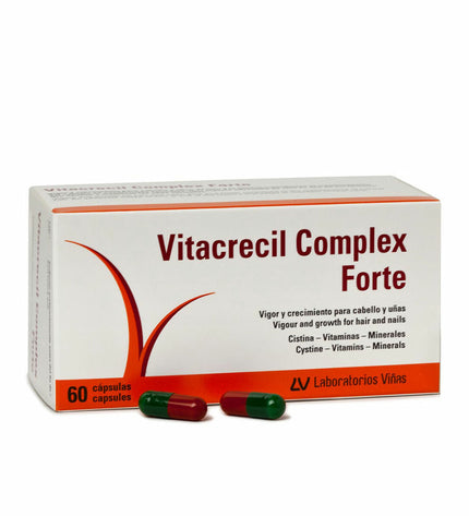 Vitacrecil Complex Forte supplement box with 60 capsules for hair and nails health, in natural packaging.