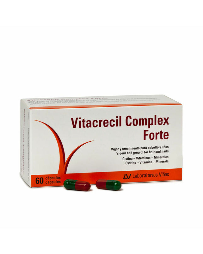 Vitacrecil Complex Forte supplement box with 60 capsules for hair and nails health, in natural packaging.