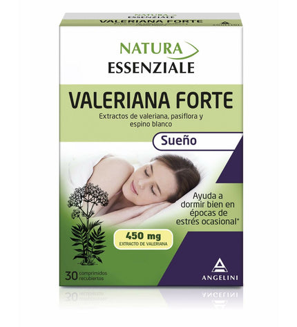 Bottle of Natura Essenziale Valeriana Forte dietary supplement with 30 capsules, designed for health and personal care.