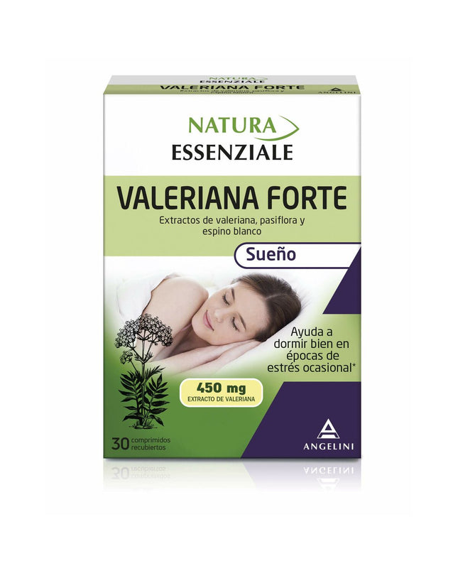Bottle of Natura Essenziale Valeriana Forte dietary supplement with 30 capsules, designed for health and personal care.