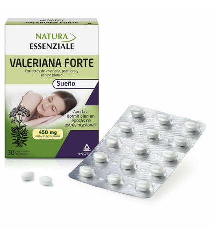 Natura Essenziale Valeriana Forte supplement box with 30 capsules, natural health and personal care product for relaxation.