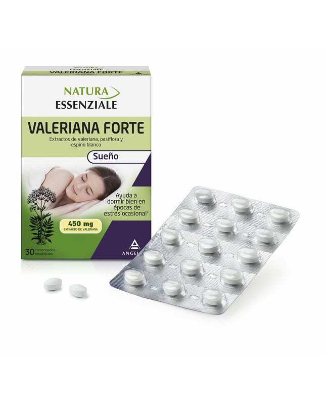 Natura Essenziale Valeriana Forte supplement box with 30 capsules, natural health and personal care product for relaxation.