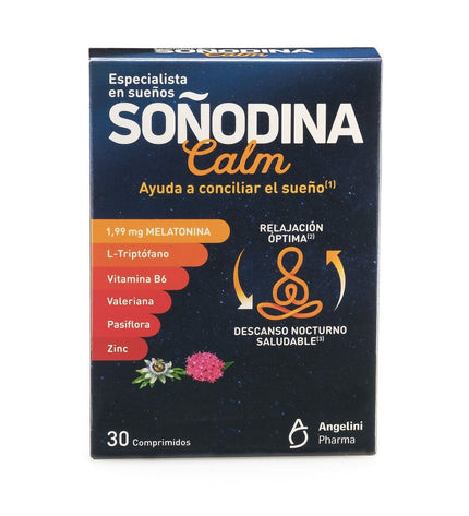 Natura Essenziale Soñodina Calm Melatonine supplement box with 30 capsules, designed for sleep support in health and personal care.