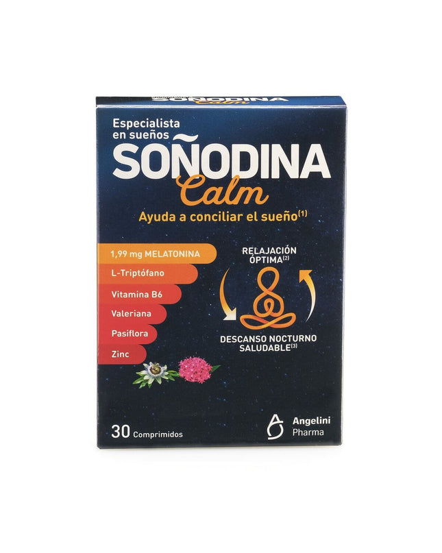 Natura Essenziale Soñodina Calm Melatonine supplement box with 30 capsules, designed for sleep support in health and personal care.