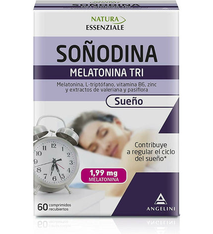 Natura Essenziale Soñodina Calm Melatonine supplement for sleep, 60 capsules, in a white bottle with label showing product details.