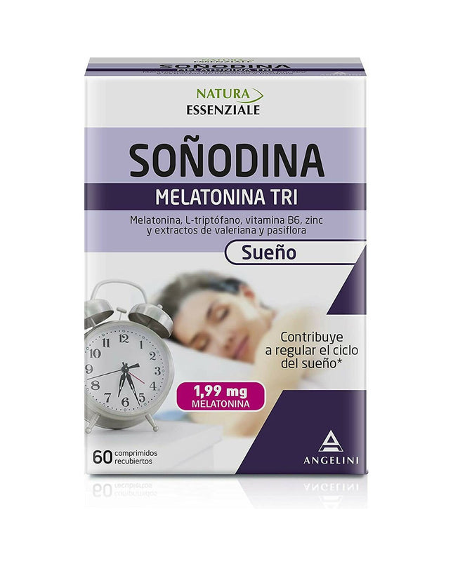 Natura Essenziale Soñodina Calm Melatonine supplement for sleep, 60 capsules, in a white bottle with label showing product details.
