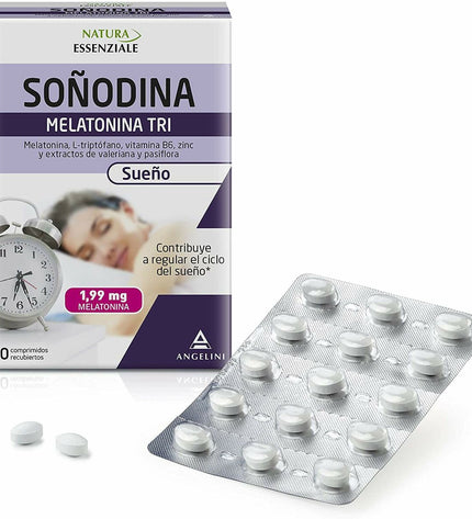 Natura Essenziale Soñodina Calm Melatonine supplement box with 60 tablets, for sleep support and relaxation.