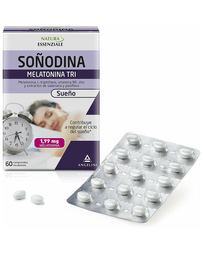 Natura Essenziale Soñodina Calm Melatonine supplement box with 60 tablets, for sleep support and relaxation.
