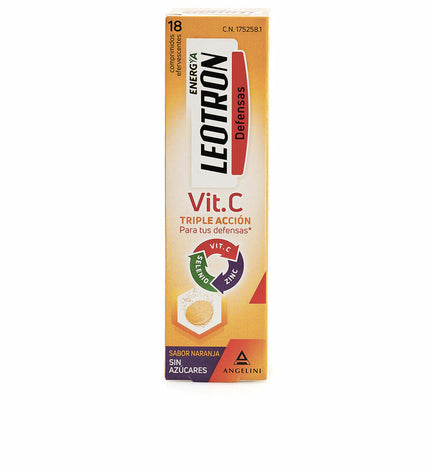 Leotron Vitamin C orange flavored supplement box with 18 pieces, health and personal care vitamin and mineral product.