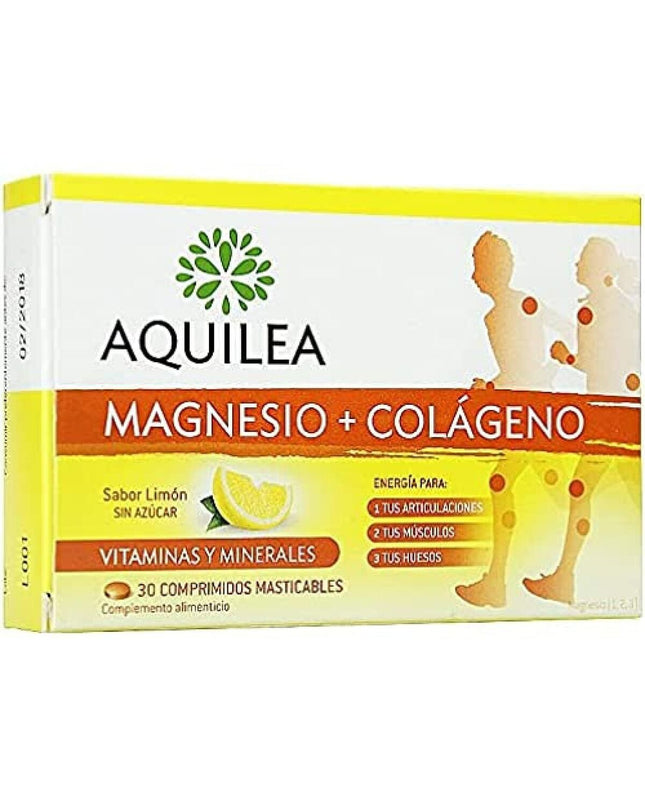 Aquilea Magnesium Collageen voedingssupplement box with 30 stuks, health and personal care vitamin and mineral supplement packaging