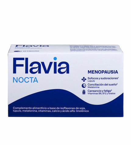 Flavia NOCTA Menopausia dietary supplement capsules for women’s health, 30 capsules, in a blister pack.