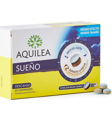Aquilea AQUILEA SUEÑO melatonine supplement for sleep, 60 tablets, in a white bottle with label, health and personal care product.