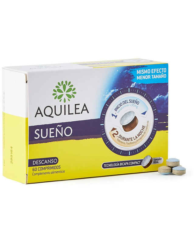 Aquilea AQUILEA SUEÑO melatonine supplement for sleep, 60 tablets, in a white bottle with label, health and personal care product.