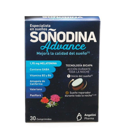 Natura Essenziale Soñodina Advance melatonine supplement box with 30 tablets for sleep support, health and personal care.