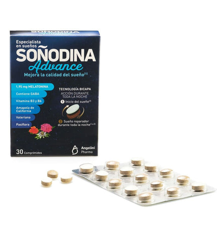 Natura Essenziale Soñodina Advance Melatonine supplement box with 30 capsules, designed to support sleep and relaxation.