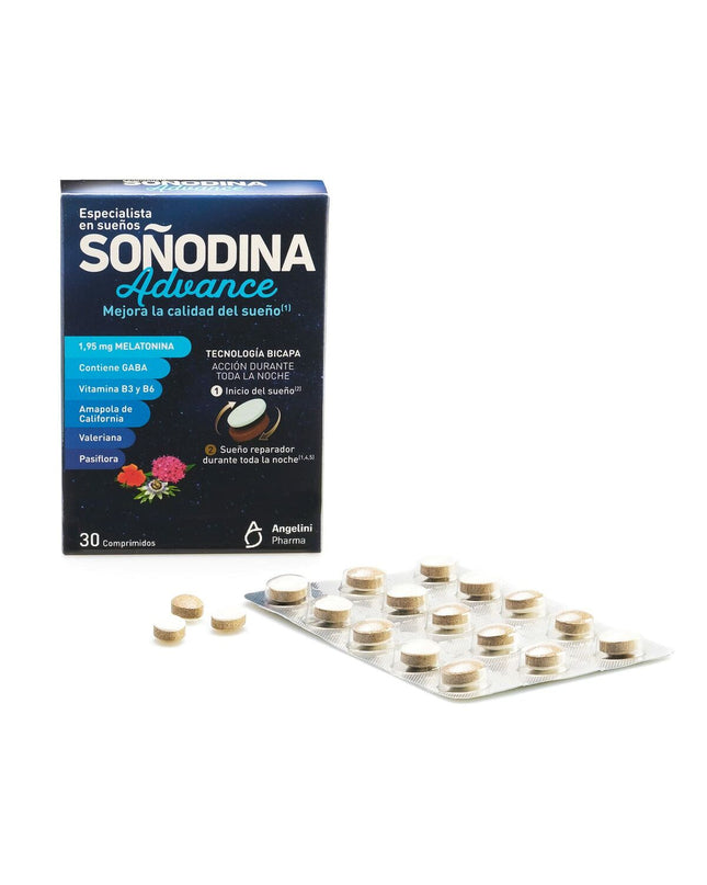 Natura Essenziale Soñodina Advance Melatonine supplement box with 30 capsules, designed to support sleep and relaxation.