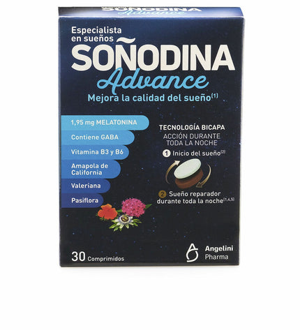 Natura Essenziale Soñodina Advance Melatonine supplement for sleep, 30 capsules, in a white bottle with label.