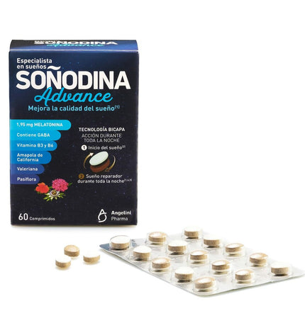 Natura Essenziale Soñodina Advance Melatonine supplement box with 60 capsules for sleep support and relaxation.