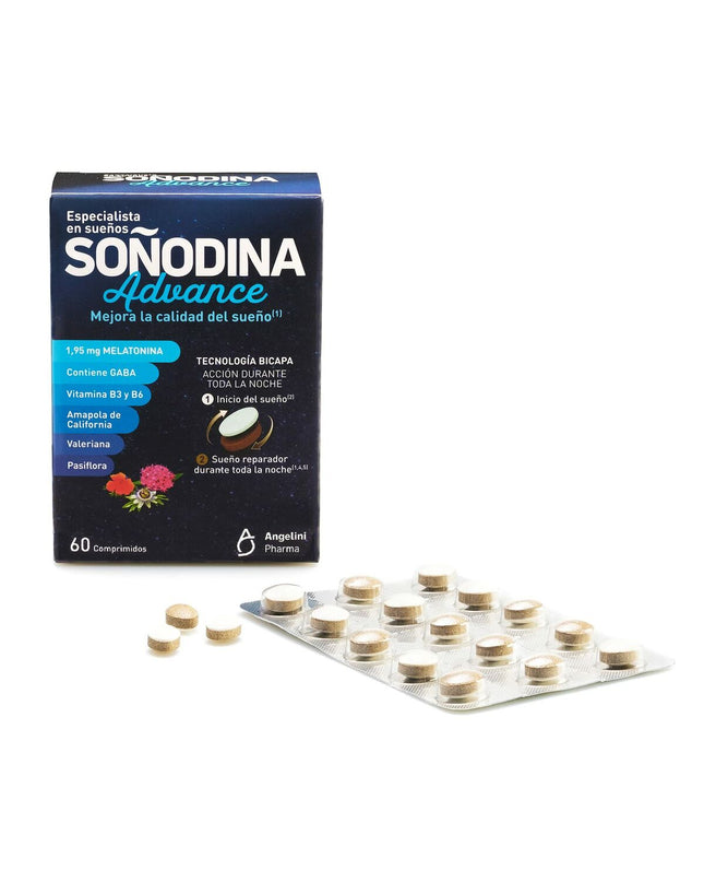 Natura Essenziale Soñodina Advance Melatonine supplement box with 60 capsules for sleep support and relaxation.