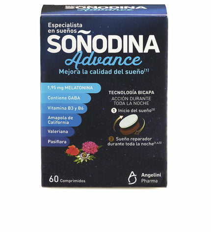 Natura Essenziale Soñodina Advance Melatonine supplement for sleep support, 60 capsules, in a white bottle with label.