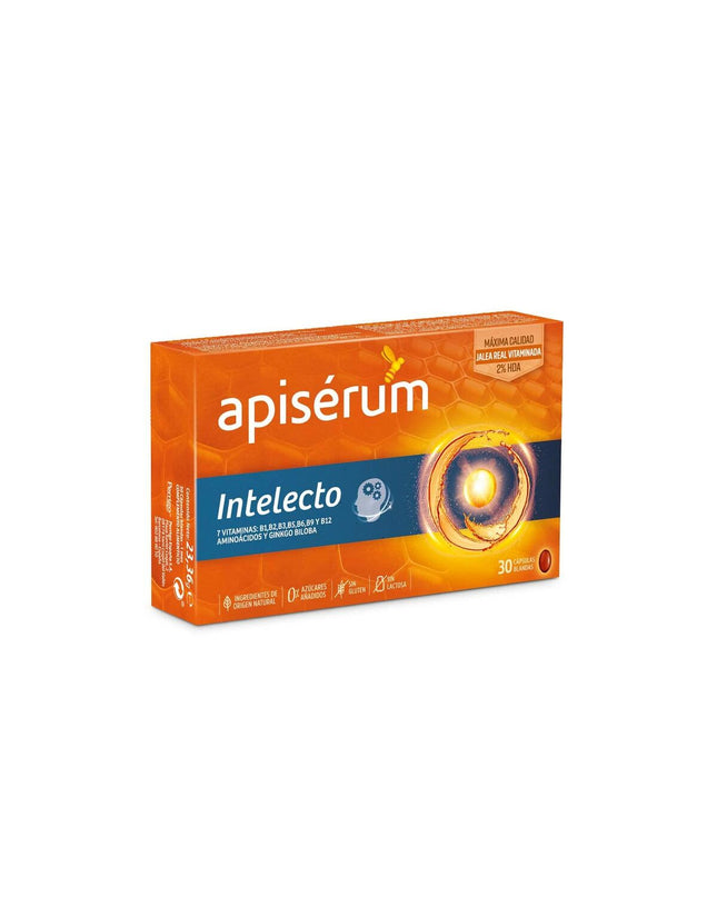 Apiserum Intelecto brain supplement box with 30 capsules, part of health and personal care vitamins and minerals range.