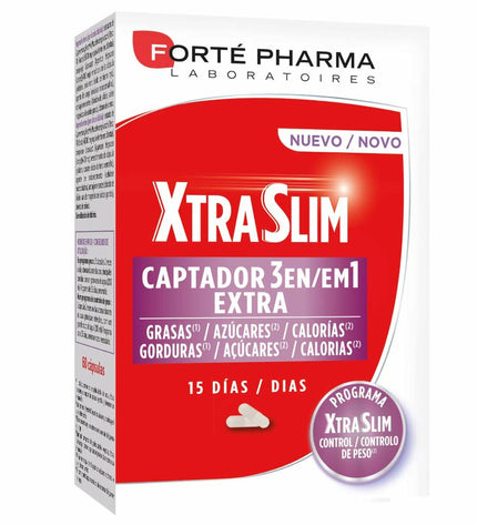 Forté Pharma Xtraslim Captador, dietary supplement for weight management, in a white bottle with a label showing product details.