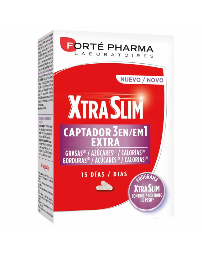 Forté Pharma Xtraslim Captador, dietary supplement for weight management, in a white bottle with a label showing product details.