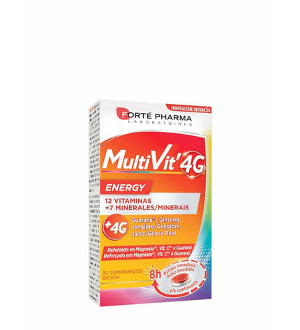 Forté Pharma Multivit 4G supplement box with 30 sachets, containing vitamins and minerals for health and personal care.