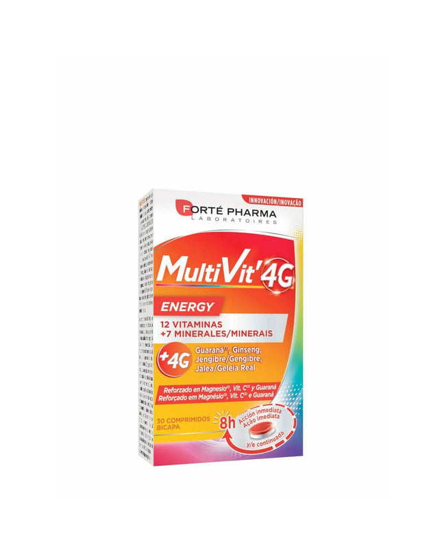 Forté Pharma Multivit 4G supplement box with 30 sachets, containing vitamins and minerals for health and personal care.