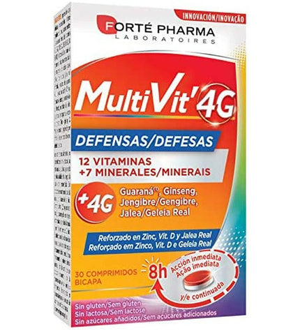 Forté Pharma Multivit 4G supplement box with 30 sachets, containing vitamins and minerals for health and personal care.