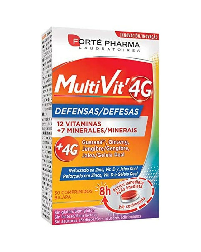 Forté Pharma Multivit 4G supplement box with 30 sachets, containing vitamins and minerals for health and personal care.