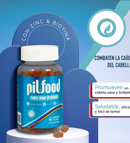 Pilfood FIRST HAIR VITAMINS Gummies supplement with 60 soft chewable vitamins for healthy hair in bright packaging.