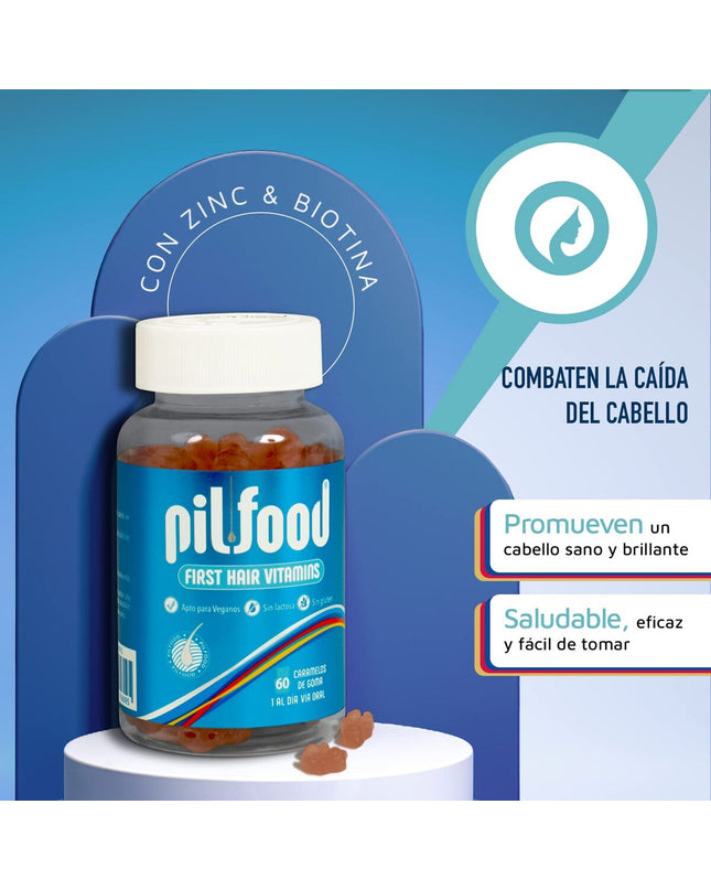 Pilfood FIRST HAIR VITAMINS Gummies supplement with 60 soft chewable vitamins for healthy hair in bright packaging.
