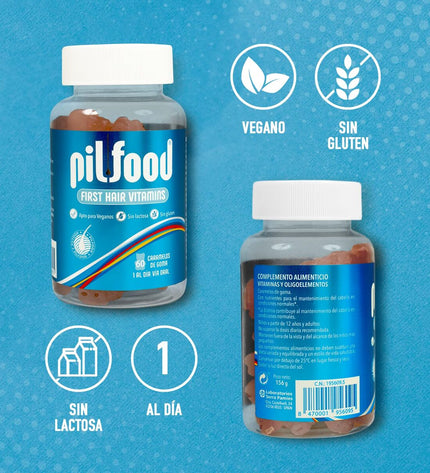 Pilfood FIRST HAIR VITAMINS 60 gummies, dietary supplement for hair health, with colorful gummy candies in a natural setting