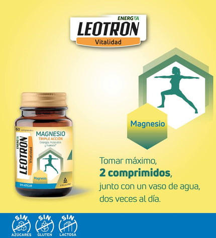 Leotron Magnesium Leotron 60 tablets in a white bottle with a blue label, showing tablets inside for health and mineral supplement.