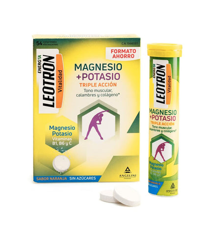 Leotron Energía magnesium and potassium dietary supplement box with 54 pieces, health and personal care vitamins and minerals.