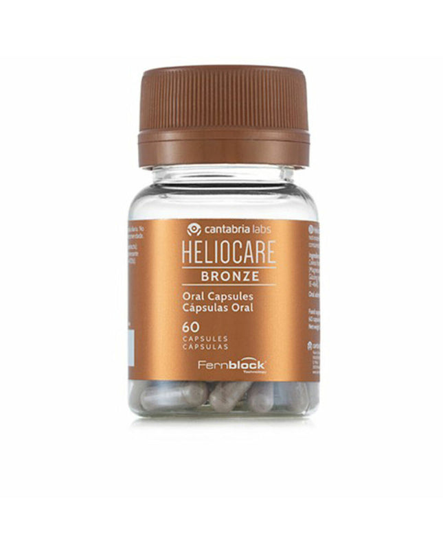 Heliocare Bronze voedingssupplement bottle with label, health and personal care vitamin and mineral supplement in a white bottle.