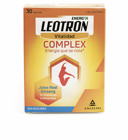 Leotron Complex Ginseng with Royal Jelly dietary supplement capsules in a white container, designed for health and wellness.