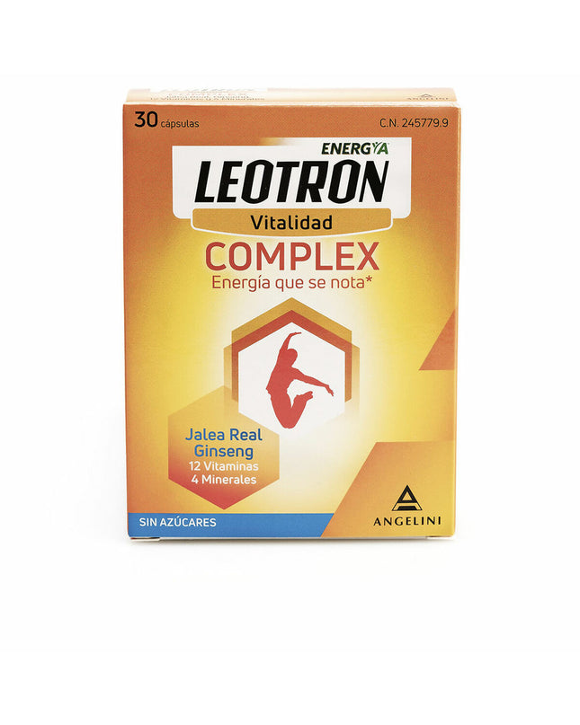 Leotron Complex Ginseng with Royal Jelly dietary supplement capsules in a white container, designed for health and wellness.