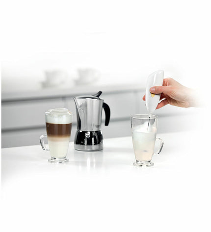 Tescoma Presto mini-opklopper en schuimer, compact electric kitchen gadget for draining and whisking small food items.