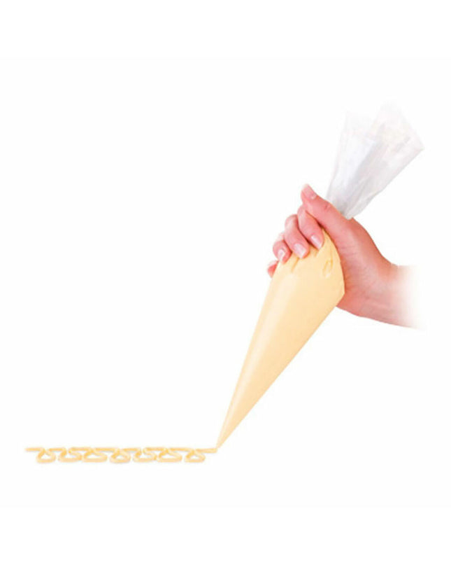 Transparent Tescoma Delicia piping bag for baking and home cooking, shown with a clear view of its flexible material and size.