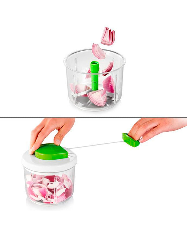Tescoma Maalmachine plastic kitchen tool, compact electric device with 14cm diameter, used for food preparation.